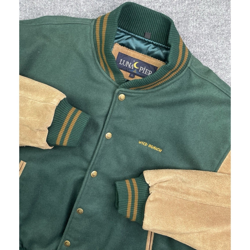 Luna Pier Varsity Jacket Men's L Green Leather Sleeves Wool Quilted Lining Snap
